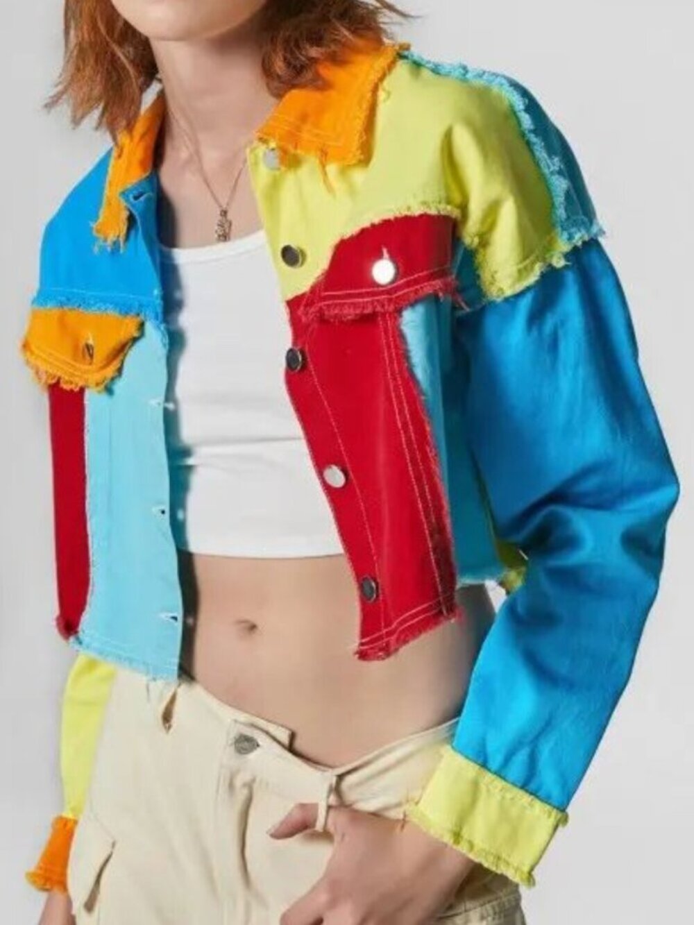 Colour Block Raw Hem Denim Jacket